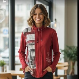 Chic red zip-up jacket with abstract art pattern and stand-up collar,Size 2XL